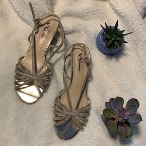 Strappy gold sandals 9 1/2 with small clear heel